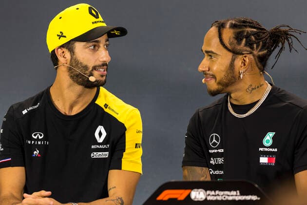 19th September 2019; The Marina Bay Circuit, Marina Bay, Singapore; Formula One, Arrival Day; Daniel Ricciardo and Lewis Hamilton during the press conference, PK, Pressekonferenz  ActionPlus12168721 StephenxBlackberry