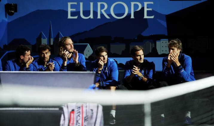 TENNIS - Laver Cup 2019 GENEVA,SWITZERLAND,20.SEP.19 - TENNIS - Laver Cup, Team Europe vs Team World. Image shows Roberto Bautista Agut (ESP), Fabio Fognini (ITA), Stefanos Tsitsipas (GRE), Rafael Nadal (ESP), Roger Federer (SUI) and Alexander Zverev (GER). GEPAxpictures xMatthiasxHauer