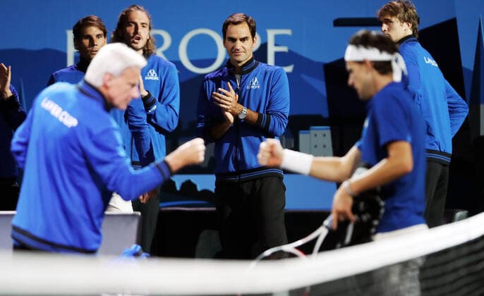 TENNIS - Laver Cup 2019 GENEVA,SWITZERLAND,20.SEP.19 - TENNIS - Laver Cup, Team Europe vs Team World. Image shows Rafael Nadal (ESP), Stefanos Tsitsipas (GRE), Roger Federer (SUI) and Alexander Zverev (GER). GEPAxpictures xMatthiasxHauer