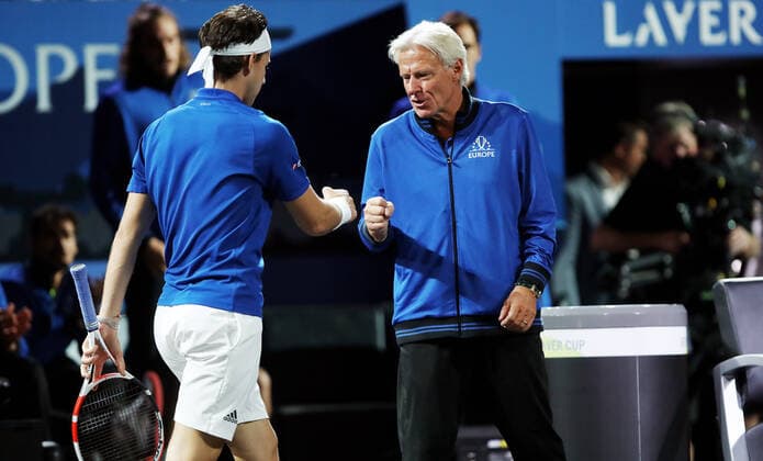 TENNIS - Laver Cup 2019 GENEVA,SWITZERLAND,20.SEP.19 - TENNIS - Laver Cup, Team Europe vs Team World. Image shows Dominic Thiem (AUT) and Bjoern Borg. GEPAxpictures xMatthiasxHauer