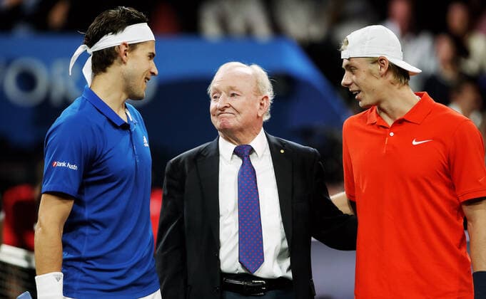 TENNIS - Laver Cup 2019 GENEVA,SWITZERLAND,20.SEP.19 - TENNIS - Laver Cup, Team Europe vs Team World. Image shows Dominic Thiem (AUT), Rod Laver and Denis Shapovalov (CAN). GEPAxpictures xMatthiasxHauer