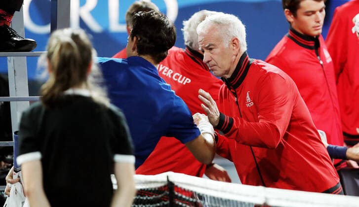TENNIS - Laver Cup 2019 GENEVA,SWITZERLAND,20.SEP.19 - TENNIS - Laver Cup, Team Europe vs Team World. Image shows Dominic Thiem (AUT) and John McEnroe. GEPAxpictures xMatthiasxHauer
