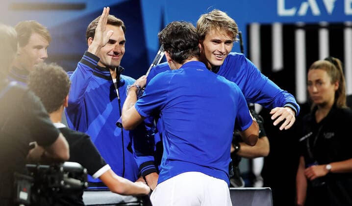 TENNIS - Laver Cup 2019 GENEVA,SWITZERLAND,20.SEP.19 - TENNIS - Laver Cup, Team Europe vs Team World. Image shows the rejoicing of Roger Federer (SUI), Dominic Thiem (AUT) and Alexander Zverev (GER). GEPAxpictures xMatthiasxHauer
