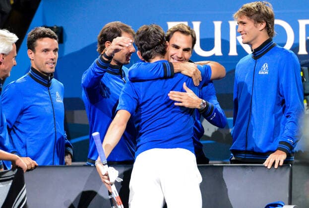 September 20, 2019, Geneva, Switzerland: Team Europe celebrates after Dominik Thiem won his singles match v. D. Shapovalov in the Laver Cup tennis event in Geneva Switzerland. Tennis 2019: Laver Cup Day 1 - ZUMAl132 20190920_zap_l132_003 Copyright: xChristopherxLevyx