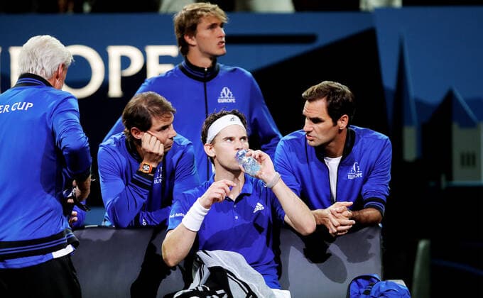 TENNIS - Laver Cup 2019 GENEVA,SWITZERLAND,20.SEP.19 - TENNIS - Laver Cup, Team Europe vs Team World. Image shows Bjoern Borg, Rafael Nadal (ESP), Alexander Zverev (GER), Dominic Thiem (AUT) and Roger Federer (SUI). GEPAxpictures xMatthiasxHauer