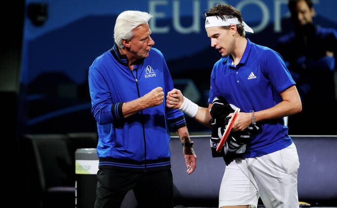 TENNIS - Laver Cup 2019 GENEVA,SWITZERLAND,20.SEP.19 - TENNIS - Laver Cup, Team Europe vs Team World. Image shows Bjoern Borg and Dominic Thiem (AUT). GEPAxpictures xMatthiasxHauer