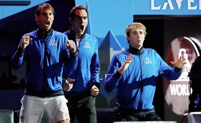 TENNIS - Laver Cup 2019 GENEVA,SWITZERLAND,20.SEP.19 - TENNIS - Laver Cup, Team Europe vs Team World. Image shows Rafael Nadal (ESP), Roger Federer (SUI) and Alexander Zverev (GER). GEPAxpictures xMatthiasxHauer