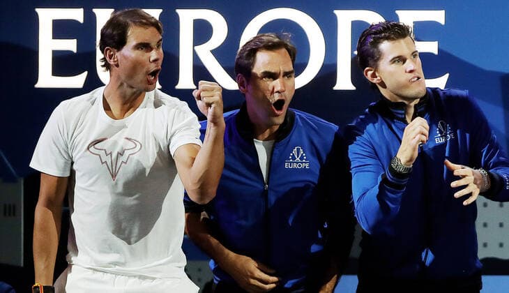TENNIS - Laver Cup 2019 GENEVA,SWITZERLAND,20.SEP.19 - TENNIS - Laver Cup, Team Europe vs Team World. Image shows Rafael Nadal (ESP), Roger Federer (SUI) and Dominic Thiem (AUT). GEPAxpictures xMatthiasxHauer