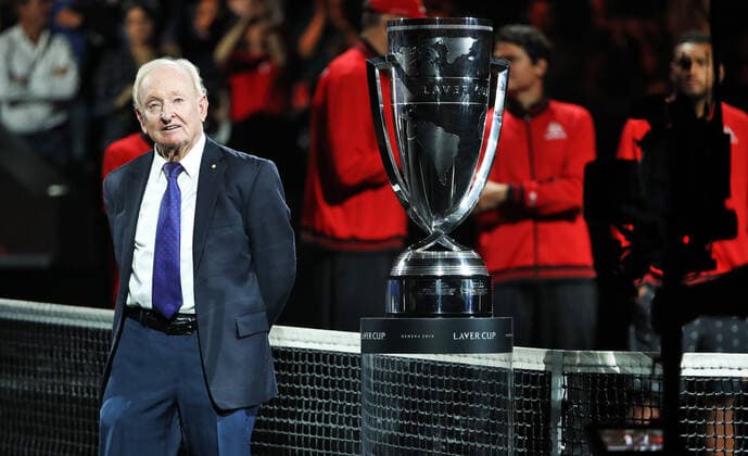TENNIS - Laver Cup 2019 GENEVA,SWITZERLAND,20.SEP.19 - TENNIS - Laver Cup, Team Europe vs Team World. Image shows Rod Laver. Keywords: trophy. GEPAxpictures xMatthiasxHauer