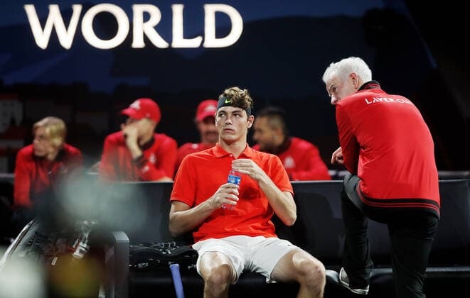 TENNIS - Laver Cup 2019 GENEVA,SWITZERLAND,20.SEP.19 - TENNIS - Laver Cup, Team Europe vs Team World. Image shows Taylor Fritz (USA) and John McEnroe. GEPAxpictures xMatthiasxHauer