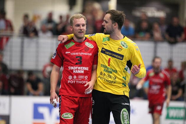 v l Fabian Huesmann ASV Hamm Westfalen 3 , Felix Storbeck ASV Hamm Westfalen 1 GER, Handball, 2 Bundesliga, ASV Hamm Westfalen vs. TV Emsdetten, 20 09 2019 Hamm Copyright: xEIBNER JanxStrohdiekx EP_JSK