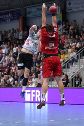 Sven Wesseling TV Emsdetten 24 against Jan Brosch ASV Hamm Westfalen 5 GER, Handball, 2 Bundesliga, ASV Hamm Westfalen against TV Emsdetten, 20 09 2019 Hamm Copyright: xEIBNER JanxStrohdiekx EP_JSK