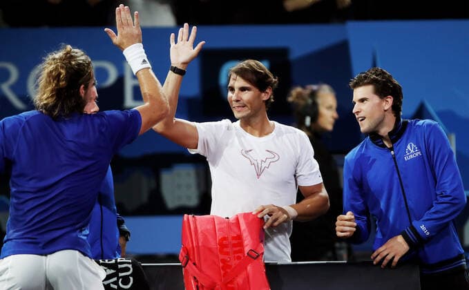 TENNIS - Laver Cup 2019 GENEVA,SWITZERLAND,20.SEP.19 - TENNIS - Laver Cup, Team Europe vs Team World. Image shows Stefanos Tsitsipas (GRE), Rafael Nadal (ESP) and Dominic Thiem (AUT). GEPAxpictures xMatthiasxHauer