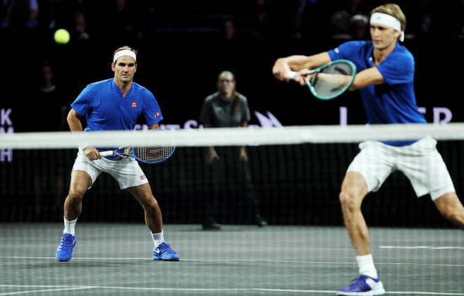 TENNIS - Laver Cup 2019 GENEVA,SWITZERLAND,20.SEP.19 - TENNIS - Laver Cup, Team Europe vs Team World. Image shows Roger Federer (SUI) and Alexander Zverev (GER). GEPAxpictures xMatthiasxHauer