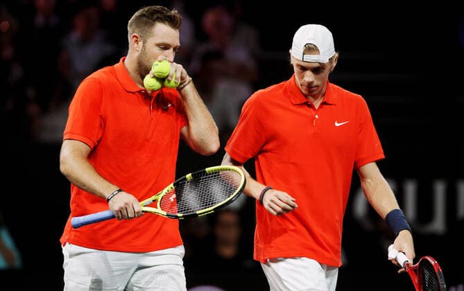 TENNIS - Laver Cup 2019 GENEVA,SWITZERLAND,20.SEP.19 - TENNIS - Laver Cup, Team Europe vs Team World. Image shows Jack Sock (USA) and Denis Shapovalov (CAN). GEPAxpictures xMatthiasxHauer
