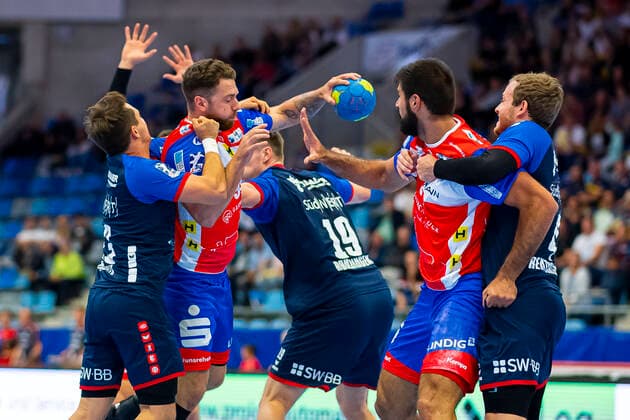 Bietigheim, Germany 25 August 2019 2 BL 19 20 SG BBM Bietigheim vs ThSV Eisenach vs Jan Asmuth SG BBM Bietigheim , Alexander Saul Eisenach , Vetle Ronningen SG BBM Bietigheim , Marko Racic Eisenach , Patrick Rentschler SG BBM Bietigheim Bietigheim Egetrans Arena Baden Württemberg Germany