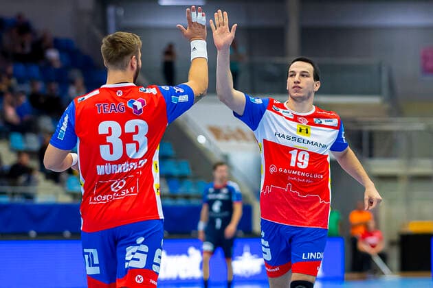 Bietigheim, Germany 25 August 2019 2 BL 19 20 SG BBM Bietigheim vs ThSV Eisenach vs li Justin Mürköster Muerkoester Eisenach , Ante Tokic Eisenach Bietigheim Egetrans Arena Baden Württemberg Germany
