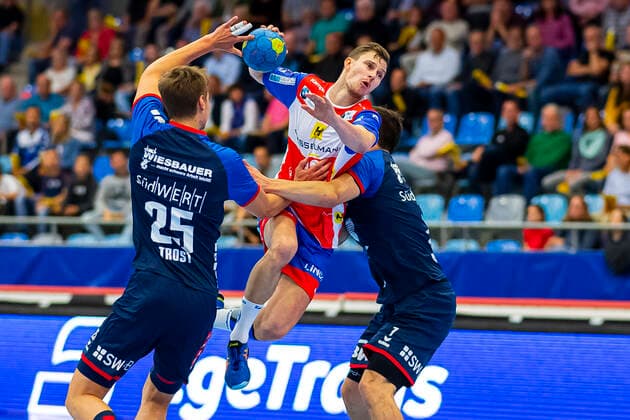 Bietigheim, Germany 25 August 2019 2 BL 19 20 SG BBM Bietigheim vs ThSV Eisenach vs li Maximilian Trost SG BBM Bietigheim , Jonas Ulshöfer Ulshoefer Eisenach , Dominik Claus SG BBM Bietigheim Bietigheim Egetrans Arena Baden Württemberg Germany