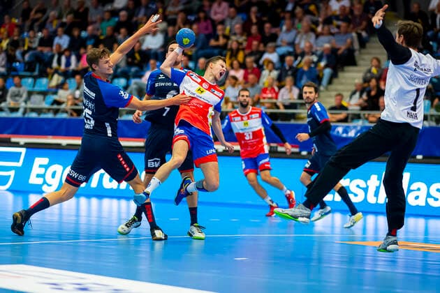 Bietigheim, Germany 25 August 2019 2 BL 19 20 SG BBM Bietigheim vs ThSV Eisenach vs li Maximilian Trost SG BBM Bietigheim , Jonas Ulshöfer Ulshoefer Eisenach , Goalkeeper Jonas Maier SG BBM Bietigheim Bietigheim Egetrans Arena Baden Württemberg Germany