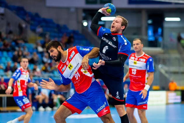Bietigheim, Germany 25 August 2019 2 BL 19 20 SG BBM Bietigheim vs ThSV Eisenach vs li Marko Racic Eisenach , Patrick Rentschler SG BBM Bietigheim Bietigheim Egetrans Arena Baden Württemberg Germany
