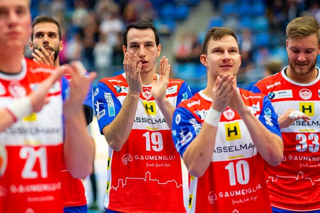 Bietigheim, Germany 25 August 2019 2 BL 19 20 SG BBM Bietigheim vs ThSV Eisenach Ante Tokic Eisenach , Jonas Ulshöfer Ulshoefer Eisenach Bietigheim Egetrans Arena Baden Württemberg Germany