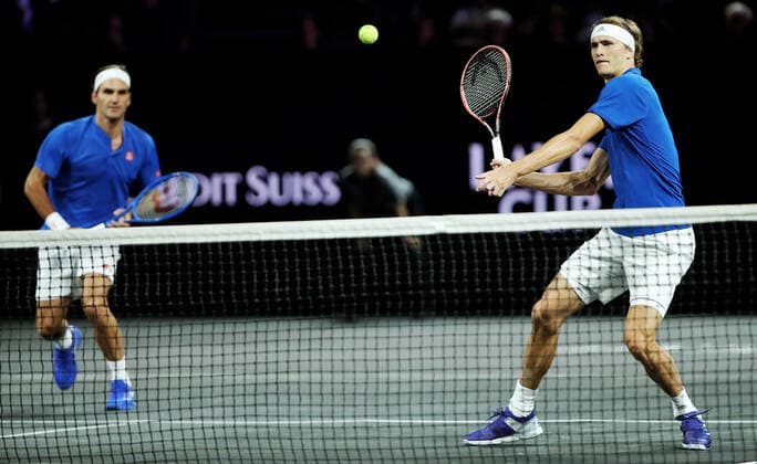 TENNIS - Laver Cup 2019 GENEVA,SWITZERLAND,20.SEP.19 - TENNIS - Laver Cup, Team Europe vs Team World. Image shows Roger Federer (SUI) and Alexander Zverev (GER). GEPAxpictures xMatthiasxHauer
