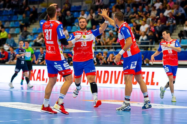 Bietigheim, Germany 25 August 2019 2 BL 19 20 SG BBM Bietigheim vs ThSV Eisenach v li Andrej Obranovic Eisenach , Justin Mürköster Muerkoester Eisenach , Bietigheim Egetrans Arena Baden Württemberg Germany