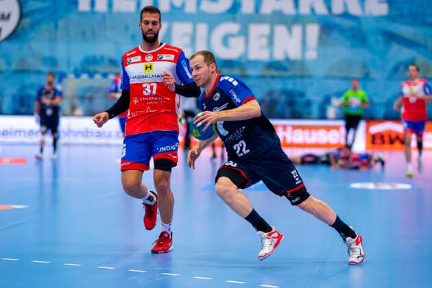 Bietigheim, Germany 25 August 2019 2 BL 19 20 SG BBM Bietigheim vs ThSV Eisenach v li Andrej Obranovic Eisenach , Jonas Link SG BBM Bietigheim Bietigheim Egetrans Arena Baden Württemberg Germany