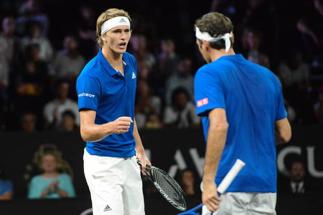 Sport Bilder des Tages September 20, 2019, Geneva, Switzerland: ROGER FEDERER and ALEXANDER ZVEREV in their doubles match in the Laver Cup tennis event in Geneva Switzerland. Tennis 2019: Laver Cup Day 1 - ZUMAl132 20190920_zap_l132_032 Copyright: xChristopherxLevyx