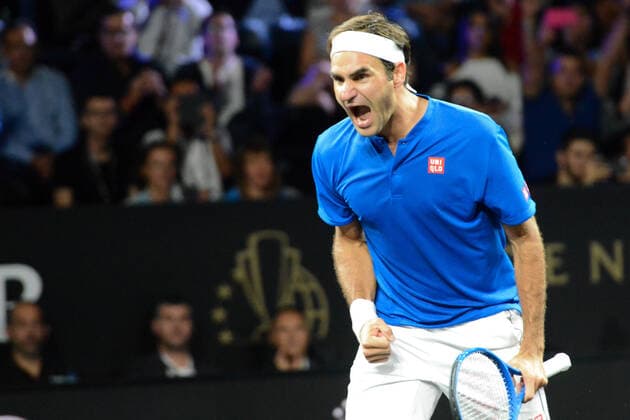 September 20, 2019, Geneva, Switzerland: ROGER FEDERER celebrates winning his doubles match with A. Zverev in the Laver Cup tennis event in Geneva Switzerland. Tennis 2019: Laver Cup Day 1 - ZUMAl132 20190920_zap_l132_039 Copyright: xChristopherxLevyx