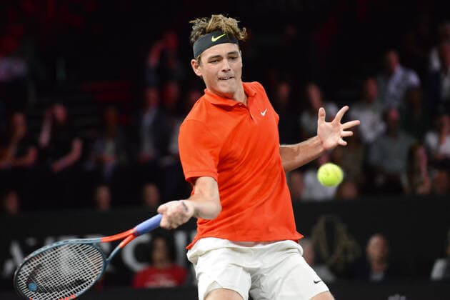 September 20, 2019, Geneva, Switzerland: TAYLOR FRITZ of the United States in his match v. S. Tsitsipas in the Laver Cup tennis event in Geneva Switzerland. Tennis 2019: Laver Cup Day 1 - ZUMAl132 20190920_zap_l132_042 Copyright: xChristopherxLevyx