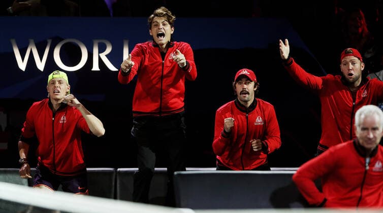 Sport Bilder des Tages TENNIS - Laver Cup 2019 GENEVA,SWITZERLAND,21.SEP.19 - TENNIS - Laver Cup, Team Europe vs Team World. Image shows Denis Shapovalov (CAN), Taylor Fritz (USA), Jordan Thompson (AUS) and Jack Sock (USA). GEPAxpictures xMatthiasxHauer