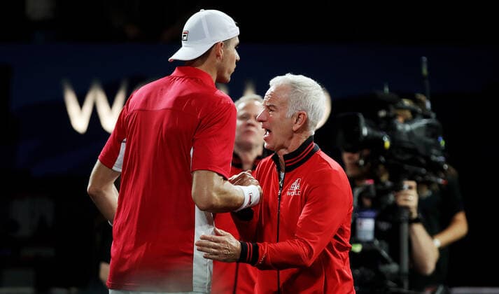 TENNIS - Laver Cup 2019 GENEVA,SWITZERLAND,21.SEP.19 - TENNIS - Laver Cup, Team Europe vs Team World. Image shows John Isner (USA) and John McEnroe. GEPAxpictures xMatthiasxHauer