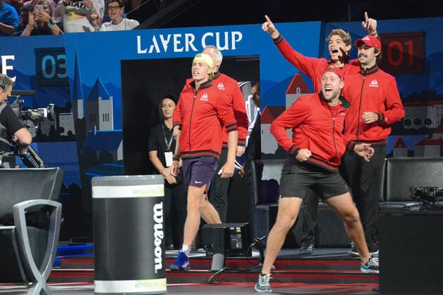 September 21, 2019, Geneva, Switzerland: Members of Team World celebrate after John Isner won his match v. A. Zverev in the Laver Cup tennis event in Geneva Switzerland. Tennis 2019: Laver Cup Day 1 - ZUMAl132 20190921_zap_l132_005 Copyright: xChristopherxLevyx