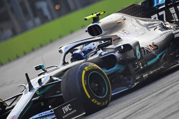 (190921) -- SINGAPORE, Sept. 21, 2019 (Xinhua) -- Finnish driver Valtteri Bottas of Mercedes drives during the third practice session of the Formula One Singapore Grand Prix held at the Marina Bay Street Circuit in Singapore, on Sept. 21, 2019. (Xinhua Then Chih Wey) (SP)SINGAPORE-F1-GRAND PRIX-PRACTICE SESSION 