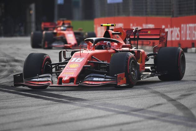 (190921) -- SINGAPORE, Sept. 21, 2019 (Xinhua) -- French driver Charles Leclerc of Ferrari drives during the third practice session of the Formula One Singapore Grand Prix held at the Marina Bay Street Circuit in Singapore, on Sept. 21, 2019. (Xinhua Then Chih Wey) (SP)SINGAPORE-F1-GRAND PRIX-PRACTICE SESSION 