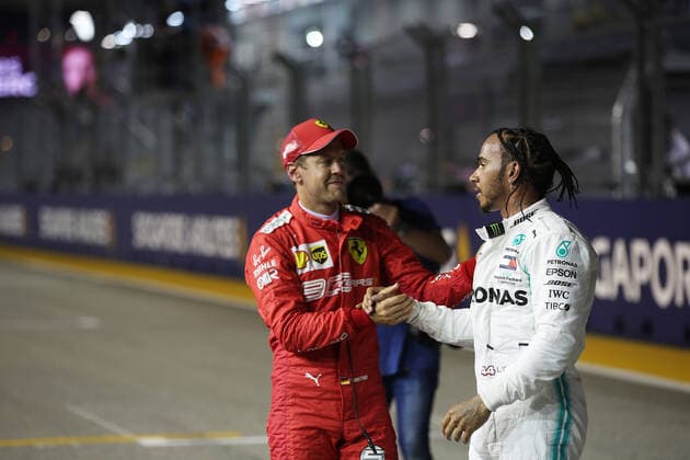 Photo4 LaPresse 21 09 2019 Singapore, Singapore Grand Prix Formula One Singapore 2019 In the pic: Sebastian Vettel (GER) Scuderia Ferrari SF90 and Lewis Hamilton (GBR) Mercedes AMG F1 W10  Copyright: xPhoto4 LaPressex