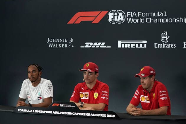 Photo4 LaPresse 21 09 2019 Singapore, Singapore Grand Prix Formula One Singapore 2019 In the pic: pole position press conference, PK, Pressekonferenz 1st position Charles Leclerc (MON) Scuderia Ferrari SF90 2nd position Lewis Hamilton (GBR) Mercedes AMG F1 W10 3rd position Sebastian Vettel (GER) Scuderia Ferrari SF90  Copyright: xPhoto4 LaPressex