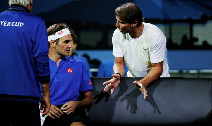 Sport Bilder des Tages TENNIS - Laver Cup 2019 GENEVA,SWITZERLAND,21.SEP.19 - TENNIS - Laver Cup, Team Europe vs Team World. Image shows Roger Federer (SUI) and Rafael Nadal (ESP). GEPAxpictures xMatthiasxHauer