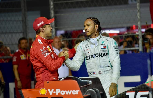 Sebastian Vettel, Scuderia Ferrari, Lewis Hamilton Mercedes Grand Prix, formula 1 GP, Singapore, 21 09 2019 Photo mspb Jerry Andre Sebastian Vettel, Lewis Hamilton formula 1 GP, Singapore,