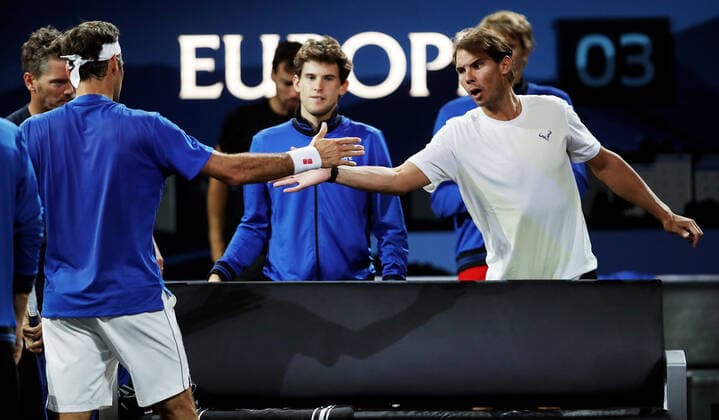 TENNIS - Laver Cup 2019 GENEVA,SWITZERLAND,21.SEP.19 - TENNIS - Laver Cup, Team Europe vs Team World. Image shows Roger Federer (SUI), Dominic Thiem (AUT) and Rafael Nadal (ESP). GEPAxpictures xMatthiasxHauer