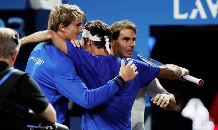 TENNIS - Laver Cup 2019 GENEVA,SWITZERLAND,21.SEP.19 - TENNIS - Laver Cup, Team Europe vs Team World. Image shows the rejoicing of Alexander Zverev (GER), Roger Federer (SUI) and Rafael Nadal (ESP). GEPAxpictures xMatthiasxHauer