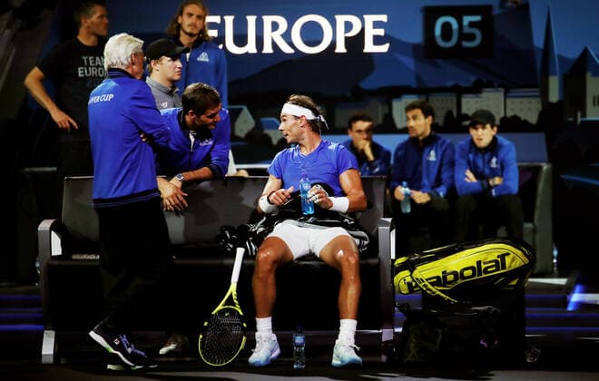 TENNIS - Laver Cup 2019 GENEVA,SWITZERLAND,21.SEP.19 - TENNIS - Laver Cup, Team Europe vs Team World. Image shows Roger Federer (SUI) and Rafael Nadal (ESP). GEPAxpictures xMatthiasxHauer