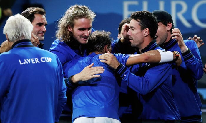 TENNIS - Laver Cup 2019 GENEVA,SWITZERLAND,21.SEP.19 - TENNIS - Laver Cup, Team Europe vs Team World. Image shows the rejoicing of Roger Federer (SUI), Stefanos Tsitsipas (GRE), Rafael Nadal (ESP) and Roberto Bautista Agut (ESP). GEPAxpictures xMatthiasxHauer
