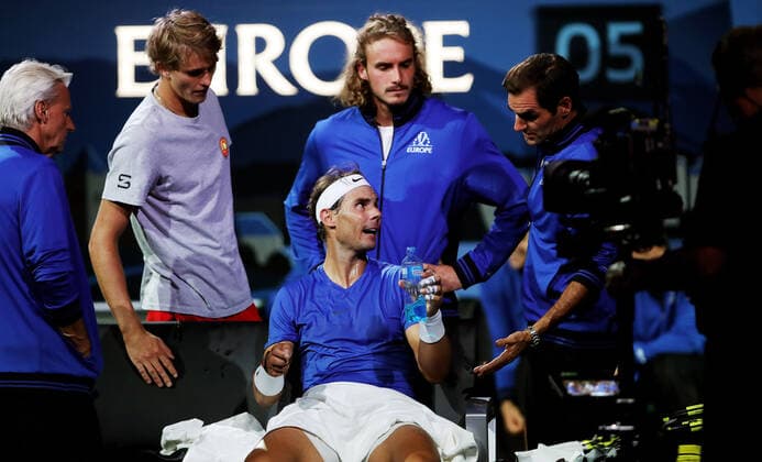 TENNIS - Laver Cup 2019 GENEVA,SWITZERLAND,21.SEP.19 - TENNIS - Laver Cup, Team Europe vs Team World. Image shows Bjoern Borg, Alexander Zverev (GER), Rafael Nadal (ESP), Stefanos Tsitsipas (GRE) and Roger Federer (SUI). GEPAxpictures xMatthiasxHauer