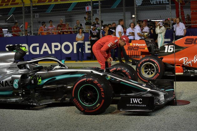 FORMULA 1 2019 SINGAPORE AIRLINES SINGAPORE GRAND PRIX 21 09 2019, Marina Bay Street Circuit, Singapore, FORMULA 1 2019 SINGAPORE AIRLINES SINGAPORE GRAND PRIX, in the picture pole position for Charles Leclerc MCO 16 , Scuderia Ferrari Mission Winnow, 2 starting places for Lewis Hamilton GB 44 , Mercedes AMG Petronas Motorsport, 3 starting places for Sebastian Vettel GER 5 , Scuderia Ferrari Mission Winnow nordphotoxBratic nph00250