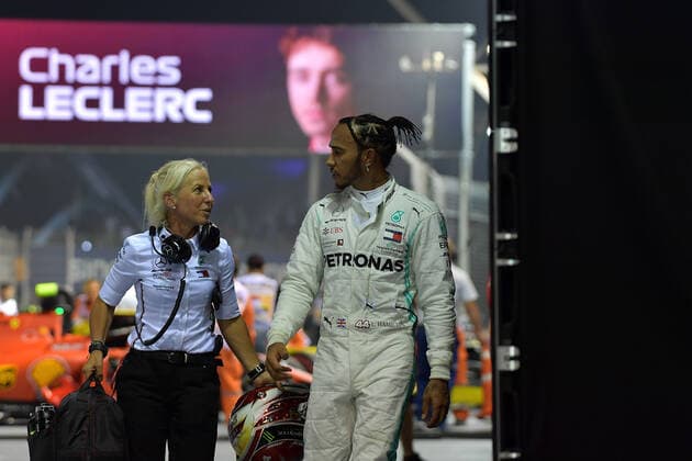 FORMULA 1 2019 SINGAPORE AIRLINES SINGAPORE GRAND PRIX 21 09 2019, Marina Bay Street Circuit, Singapore, FORMULA 1 2019 SINGAPORE AIRLINES SINGAPORE GRAND PRIX, in the picture pole position for Charles Leclerc MCO 16 , Scuderia Ferrari Mission Winnow, 2 starting places for Lewis Hamilton GB 44 , Mercedes AMG Petronas Motorsport, 3 starting places for Sebastian Vettel GER 5 , Scuderia Ferrari Mission Winnow nordphotoxBratic nph00250