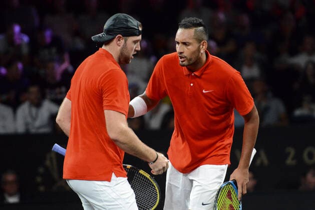 September 21, 2019, Geneva, Switzerland: NICK KYRGIOS playing doubles with Jack Sock in the Laver Cup tennis event in Geneva Switzerland. Tennis 2019: Laver Cup Day 2 - ZUMAl132 20190921_zap_l132_061 Copyright: xChristopherxLevyx