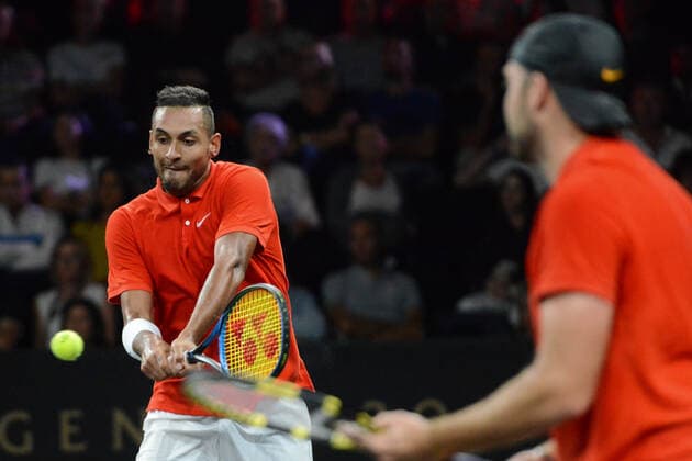 September 21, 2019, Geneva, Switzerland: NICK KYRGIOS playing doubles with Jack Sock in the Laver Cup tennis event in Geneva Switzerland. Tennis 2019: Laver Cup Day 2 - ZUMAl132 20190921_zap_l132_060 Copyright: xChristopherxLevyx