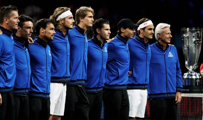 TENNIS - Laver Cup 2019 GENEVA,SWITZERLAND,22.SEP.19 - TENNIS - Laver Cup, Team Europe vs Team World. Image shows Thomas Enqvist, Roberto Bautista Agut (ESP), Fabio Fognini (ITA), Stefanos Tsitsipas (GRE), Alexander Zverev (GER), Dominic Thiem (AUT), Rafael Nadal (ESP), Roger Federer (SUI) and Bjoern Borg. GEPAxpictures xMatthiasxHauer